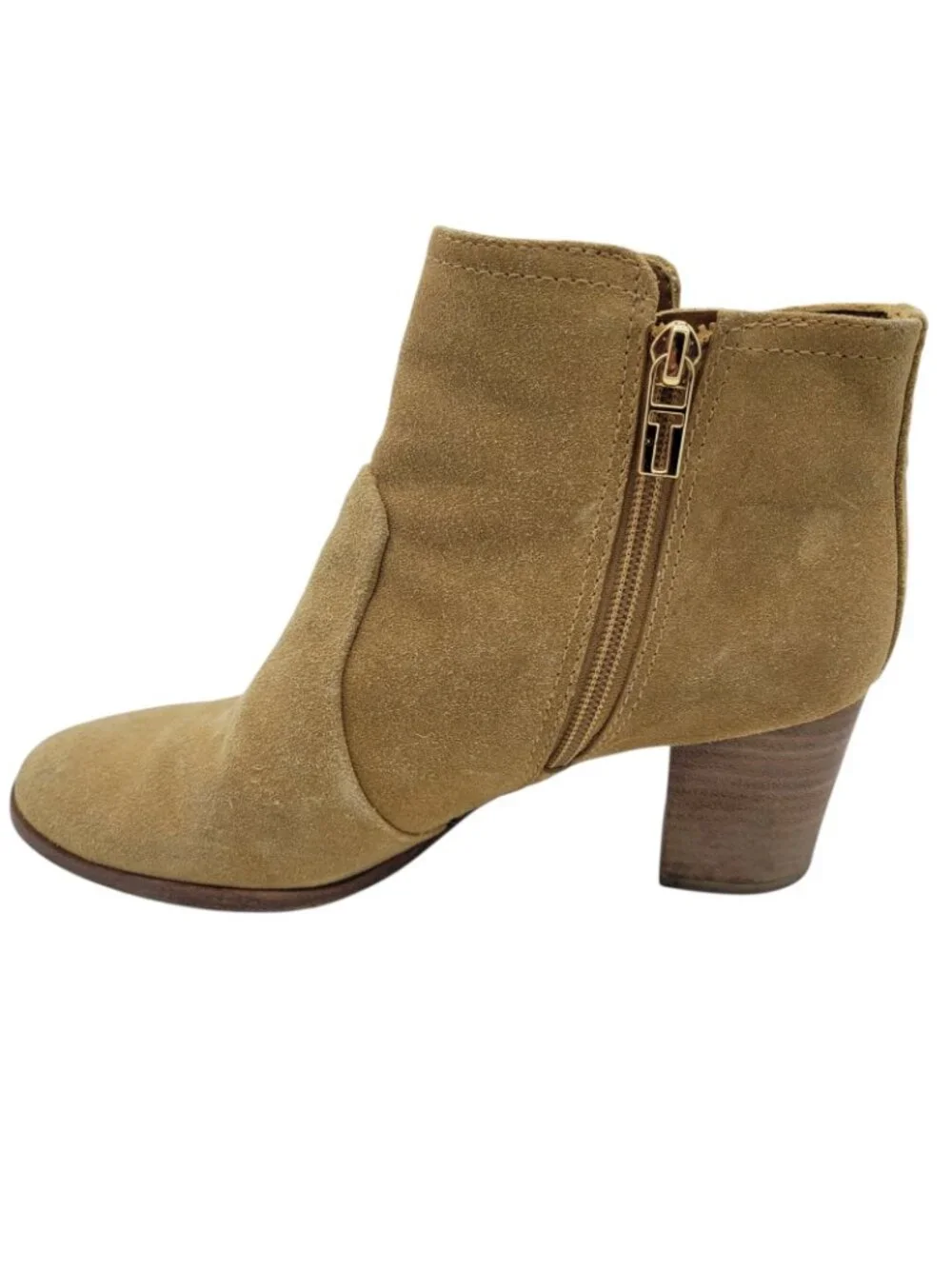 TORY BURCH Sabe Suede Ankle Boots Womens 8 Caramel Tan Round Toe Stacked Heel